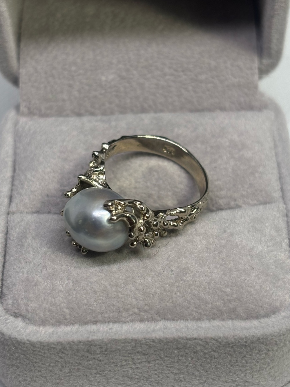RARE 14K White Gold Ring Abstract with Natural Baroque Pearl $1900 VALUE, size 6